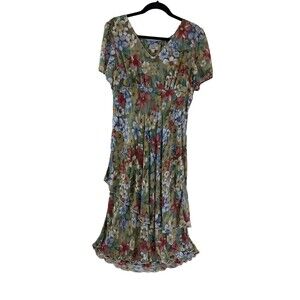 BOGO Tianello Cap Sleeve Iris Dress Floral Rayon Tan Blue Red V-Neck Women Large